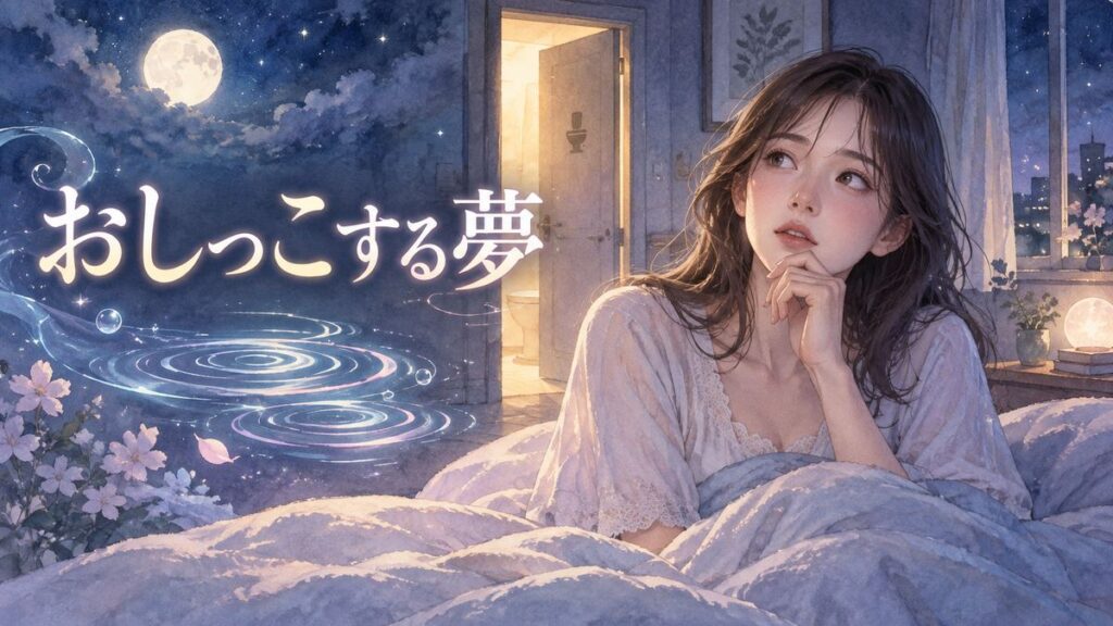 夜の寝室で目覚めた女性と淡く光るトイレの扉や水のモチーフ
