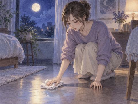 夜の部屋で床の淡い水跡を布で拭く女性
