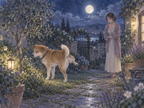 夜の庭で犬がおしっこする様子を少し困って見つめる女性