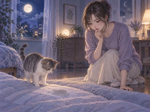 夜の部屋で布団のそばにいる猫と困った表情の女性