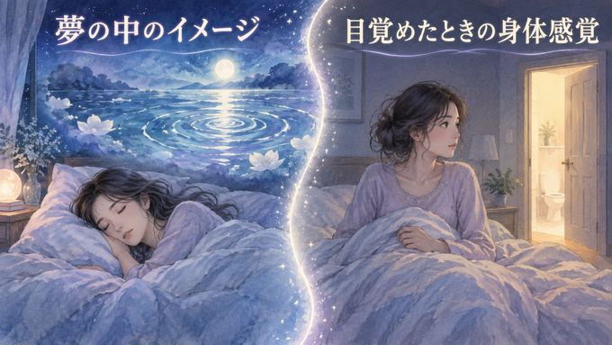 夜の寝室で目覚めた女性と夢の水のイメージ、現実のトイレの光を分けて描いた図