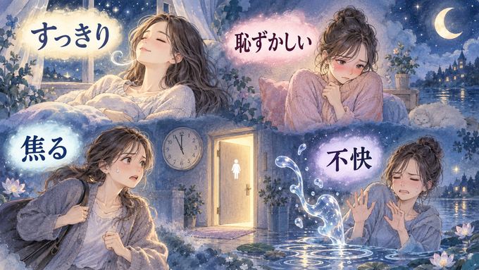 おしっこの夢で感じる安心、恥ずかしさ、焦り、不快感を表情で整理した図