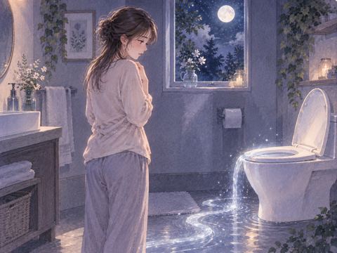 夜のトイレで終わらない水の流れに戸惑う女性
