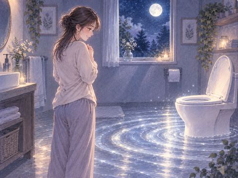 夜のトイレで大きな水の波紋を見て驚きつつ安心する女性