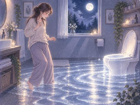 夜のトイレで床まで広がる淡い水に戸惑う女性