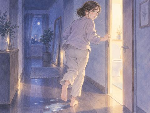 夜の廊下でトイレの扉へ急ぐ女性と足元の淡い水の影