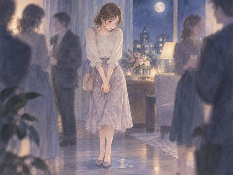 人の気配がある夜の室内で恥ずかしそうに身を縮める女性