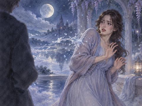 夜の夢の中で飛んできた淡い水しぶきに驚いて身を引く女性