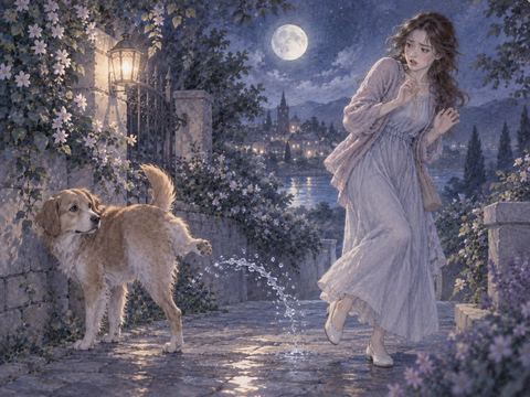 夜道で犬のそばから飛んだ淡い水しぶきに驚く女性