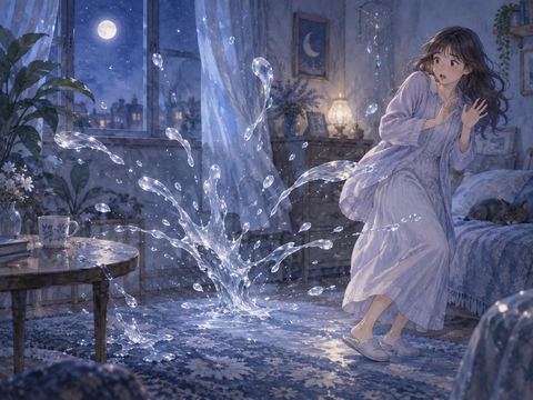 夜の室内で周囲へ広がる淡い水しぶきを避ける女性