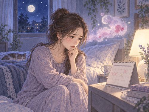 夜の寝室でカレンダーを見ながら考える女性の夢の場面