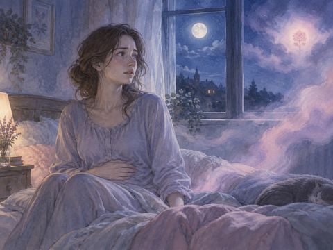 お腹に手を添えて不安そうに夢を見つめる女性の場面