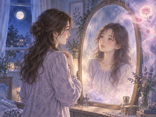 鏡に映る若い頃の自分を見つめる大人の女性の夢の場面
