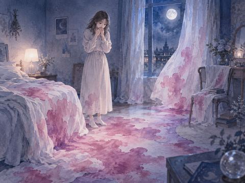 赤紫のにじみが周囲へ広がり圧倒される女性の夢の場面