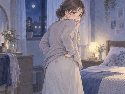 服の後ろを気にして焦る女性の夢の場面