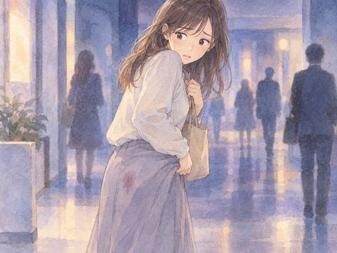 淡いシミのついた服を気にして周囲を見回す女性の夢の場面