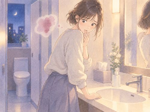 夜の落ち着いたトイレで生理に気づく女性の夢の場面