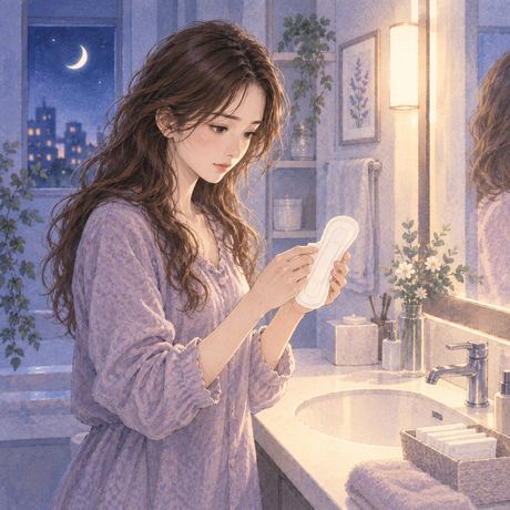 洗面台の前で新しいナプキンを手にする女性の夢の場面