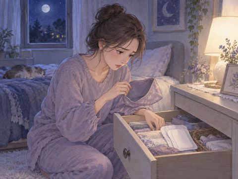 引き出しを開けて生理用品を探す女性の夢の場面