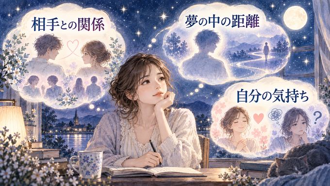 夢の中の人物と距離や感情を振り返る女性の図
