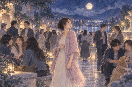 夢の中で昔の友人や家族など知っている人々に囲まれる女性