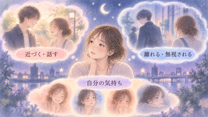 夢の中で相手と近づく場面と離れる場面を振り返る女性の図
