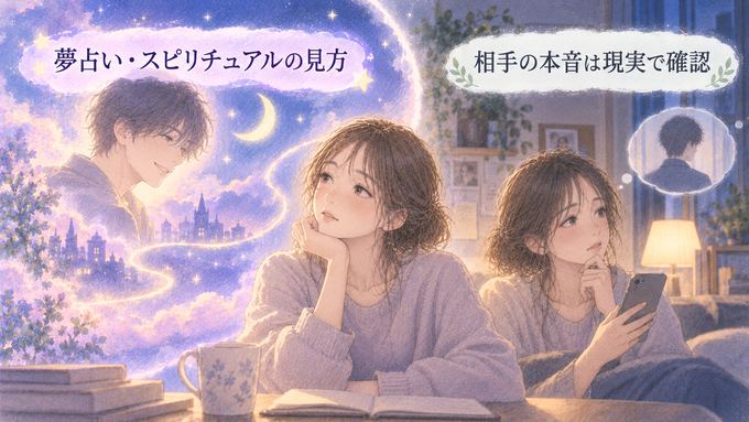 夢占いとしての縁のイメージと現実の相手の本音を分けて考える女性の図