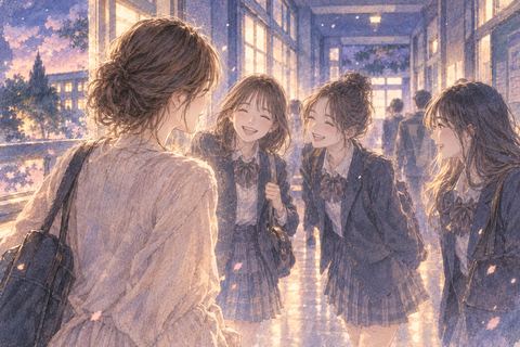 夢の中の学校で昔の友人たちに会う女性