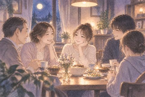 夜の食卓で家族と向き合う女性の夢
