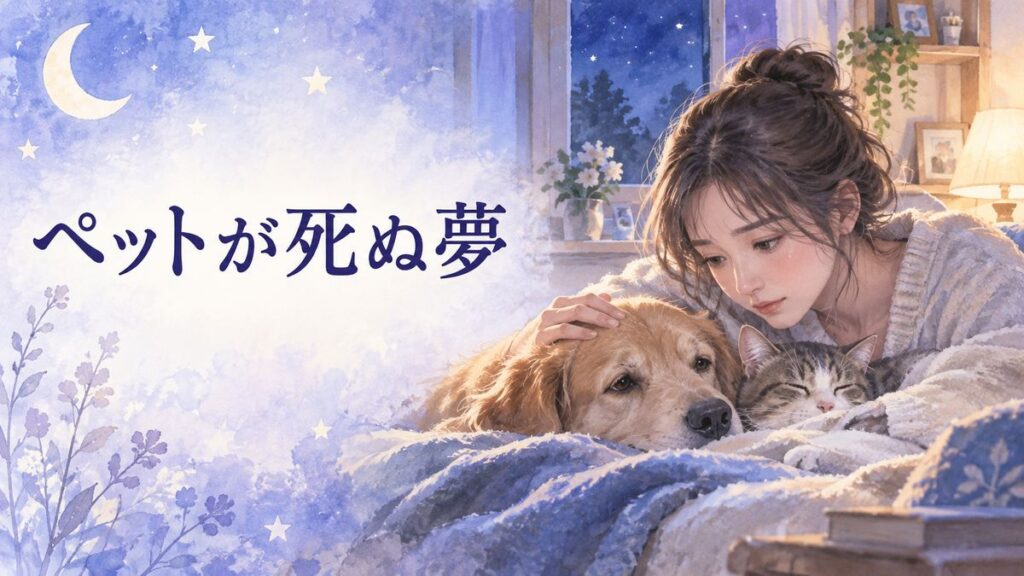 夜の部屋で犬と猫を見つめる心配そうな大人の女性