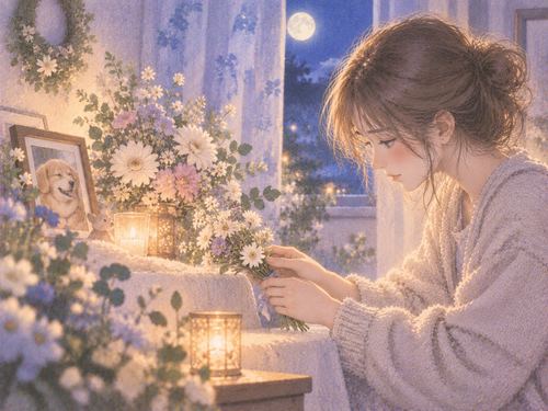 花を添えてペットを静かに見送る女性