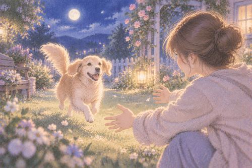 淡い光の庭を元気に走る懐かしい犬