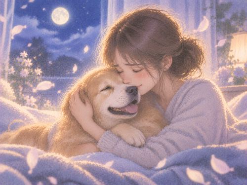 夢の中で懐かしいペットを抱きしめる女性