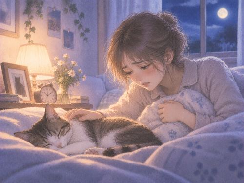 夜に目覚めてそばのペットを確かめる女性