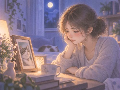 静かな部屋でペットの写真を見つめる女性