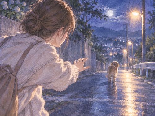 夜道で立ち止まる女性と遠くの犬のシルエット