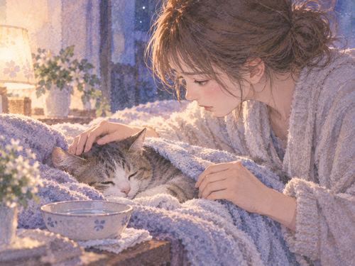 毛布のペットを優しく介抱する人物の手
