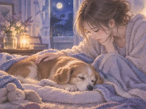 眠るペットのそばで静かに寄り添う女性