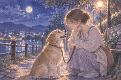 夜の散歩道で飼い犬を見つめる女性