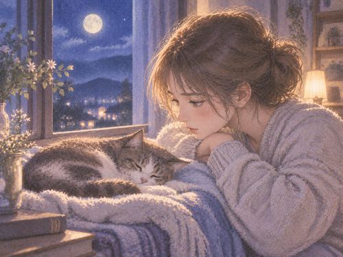 窓辺の猫を気遣うように見つめる女性