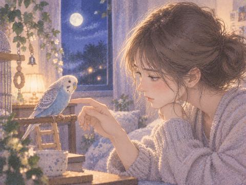 止まり木のインコへそっと手を伸ばす女性