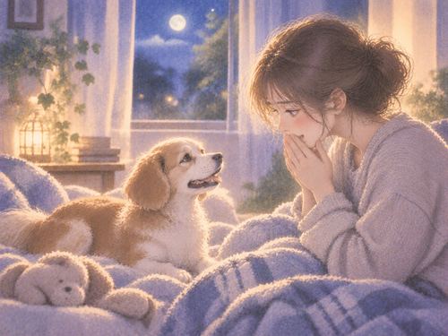 淡い光の中で起き上がる犬を見つめる女性