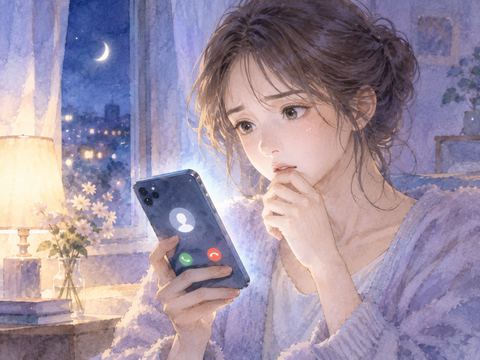 知らない相手からの着信画面を見つめる女性