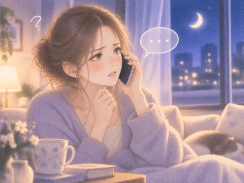 無音の電話を耳に当て困惑する女性