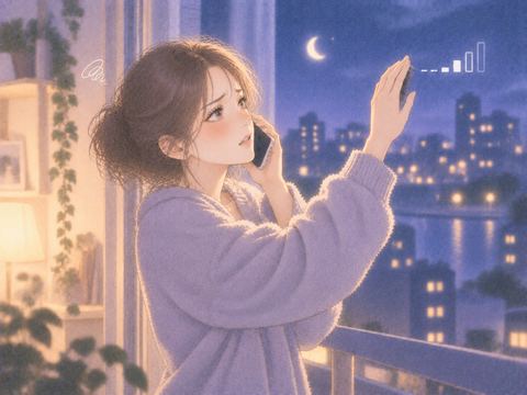 電波を探しながら電話を続ける女性