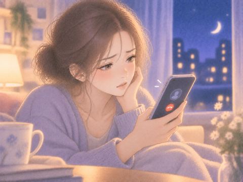 切れた電話の画面を見つめる女性