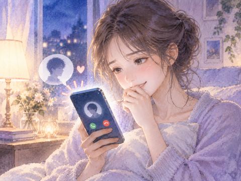 好きな人からの着信を見て微笑む女性