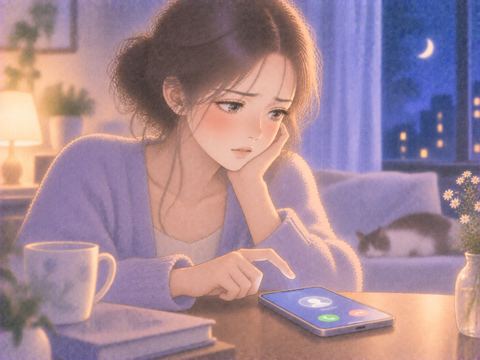 発信ボタンの前で指が止まる女性