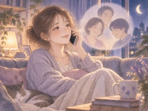 家族からの電話を穏やかに聞く女性