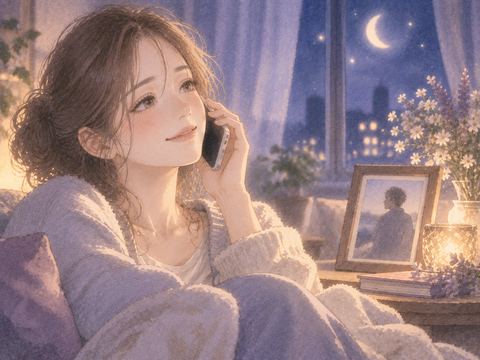 懐かしい人の電話を静かに聞く女性